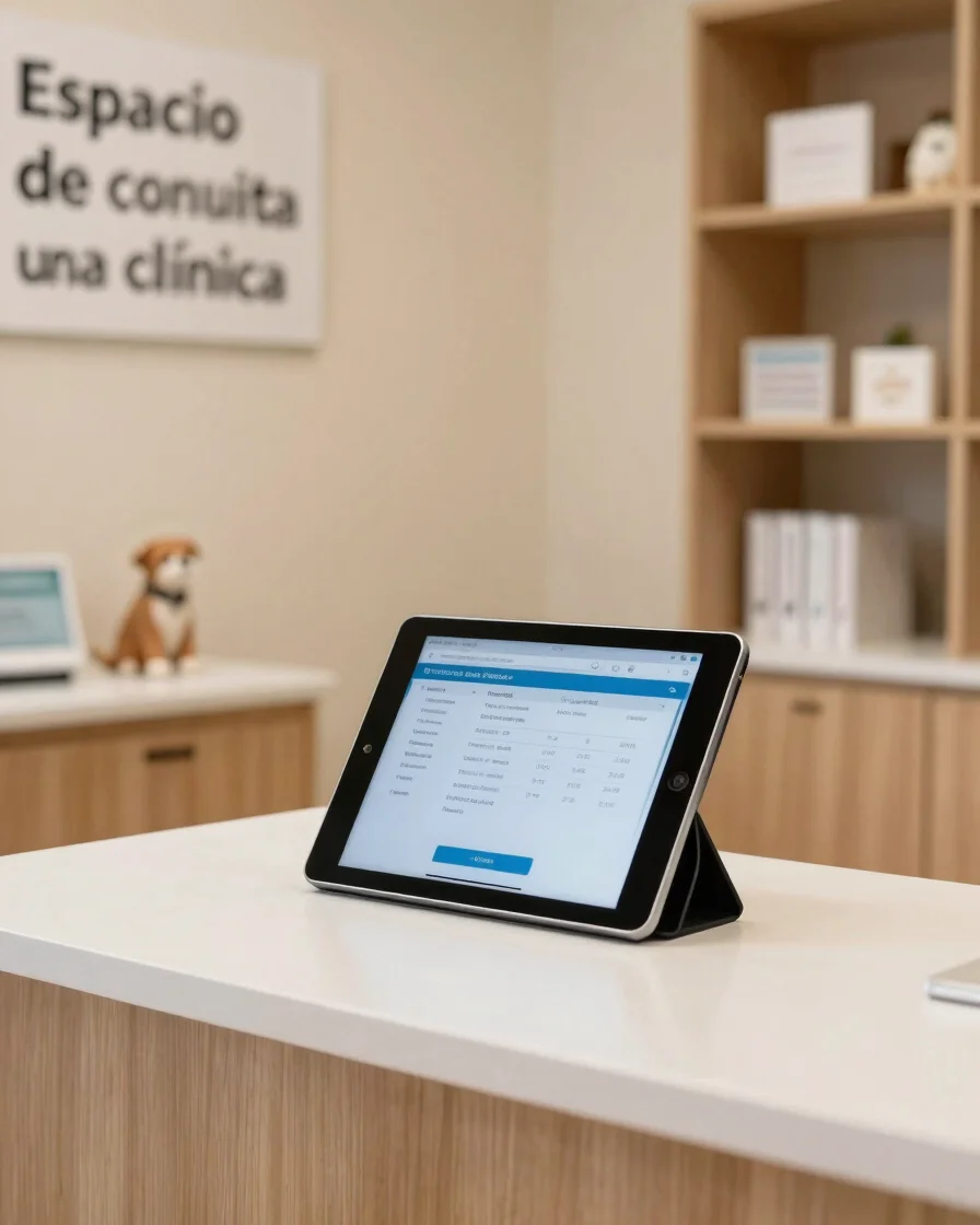 Espacio de consulta de una clínica veterinaria pequeña con una tableta apoyada en el mostrador, luz natural suave, encua